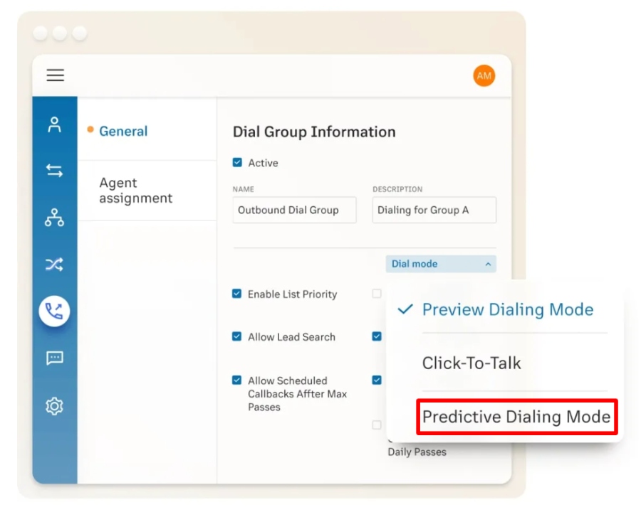 RingCentral interface that shows the dial group settings, highlighting the Dial Mode configurations, particularly the Predictive Dialing Mode.
