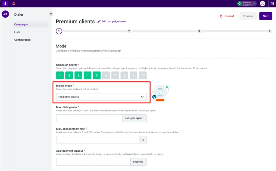 Talkdesk interface showing the campaign settings for "Premium clients" with a red box highlighting the dialing mode and the predictive dialing option.