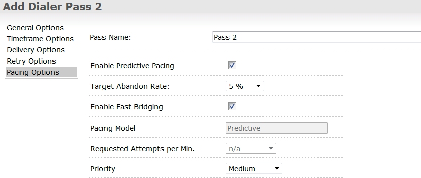 Genesys Cloud interface showing the auto dialer pacing options with input fields for the target abandon rate and pacing model and tick boxes for enabling predictive pacing and fast bridging