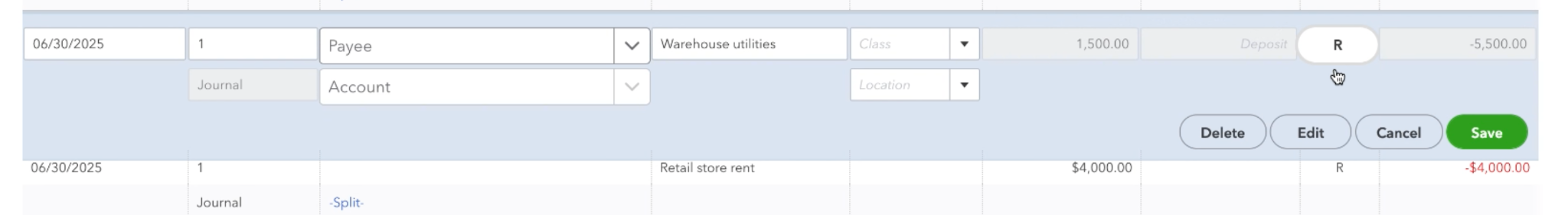 QuickBooks entry being edited for a $1,500 utilities payment, with "Delete," "Edit," "Cancel," and "Save" options.