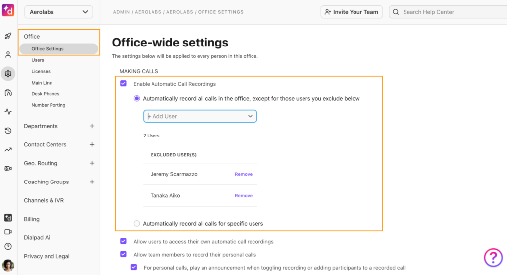 Dialpad office settings with options to enable call recordings for the office.
