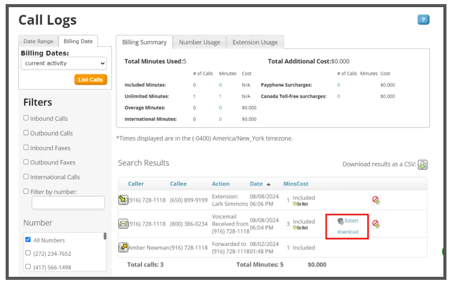 Phone.com call log with billing information and filters to view different types of calls.