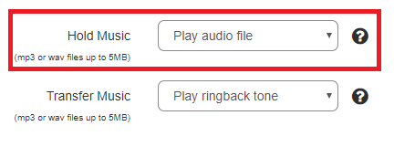 Options to upload audio files for Oomas hold or transfer music.