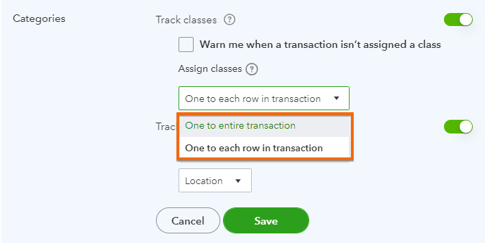 Categories section highlighting the class tracking setup section in QuickBooks