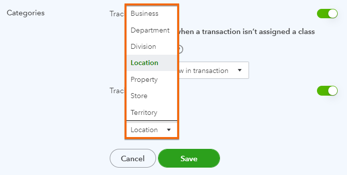 Categories section highlighting the location tracking setup section in QuickBooks