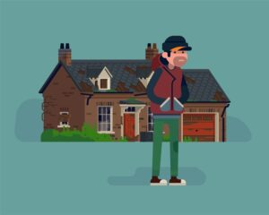 Cool vector illustration on squatter character standing in front of abandoned suburban house with garage.