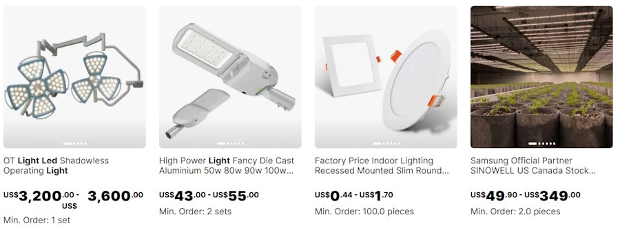 Alibaba products with minimum order quantities.