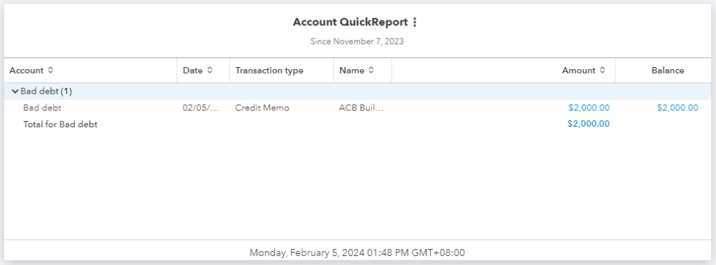 Sample Account QuickReport in QuickBooks showing bad debt write-offs