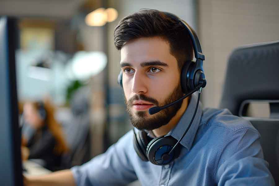 Call center employee in a focused pose.