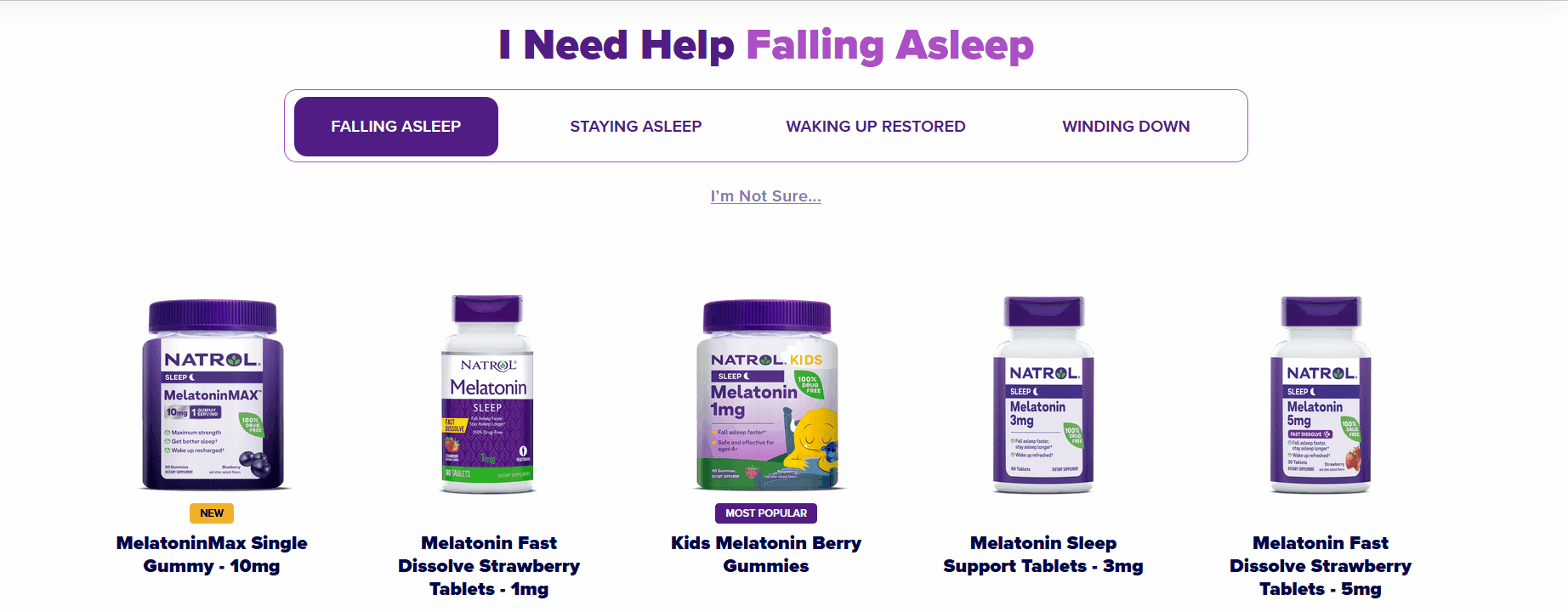 Natrol website with quiz and product options.