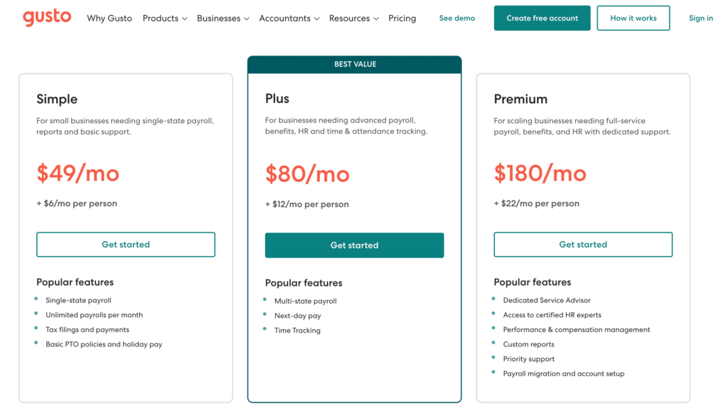 Gusto is one of the payroll providers that charge monthly base and per-employee fees.