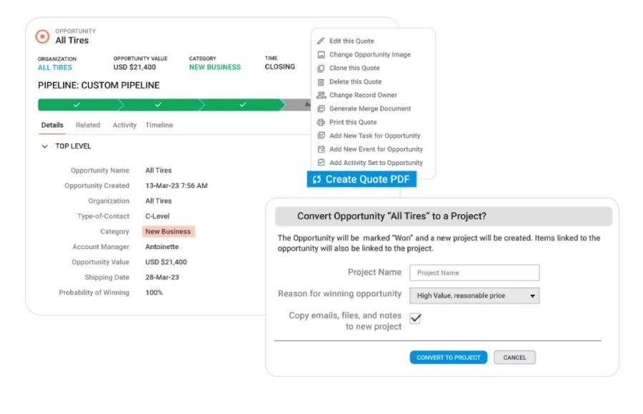 Insightly CRM’s custom pipeline dashboard showing an option to convert an opportunity to a project.