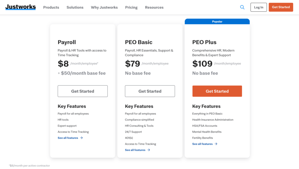 Justworks PEO pricing