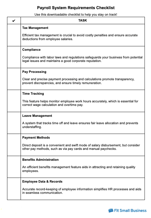 Payroll system Requirements checklist.