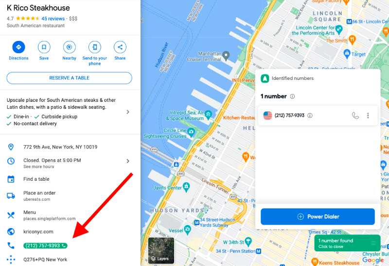 A Google map listing with an arrow pointing to the business' phone number and an Aircall dialog box showing "Identified numbers".