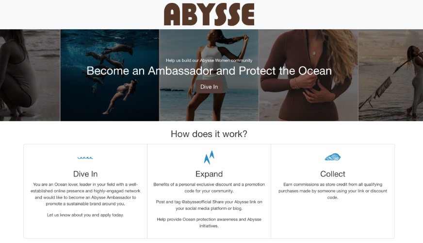 Abysse's established affiliate program detailed on its website.