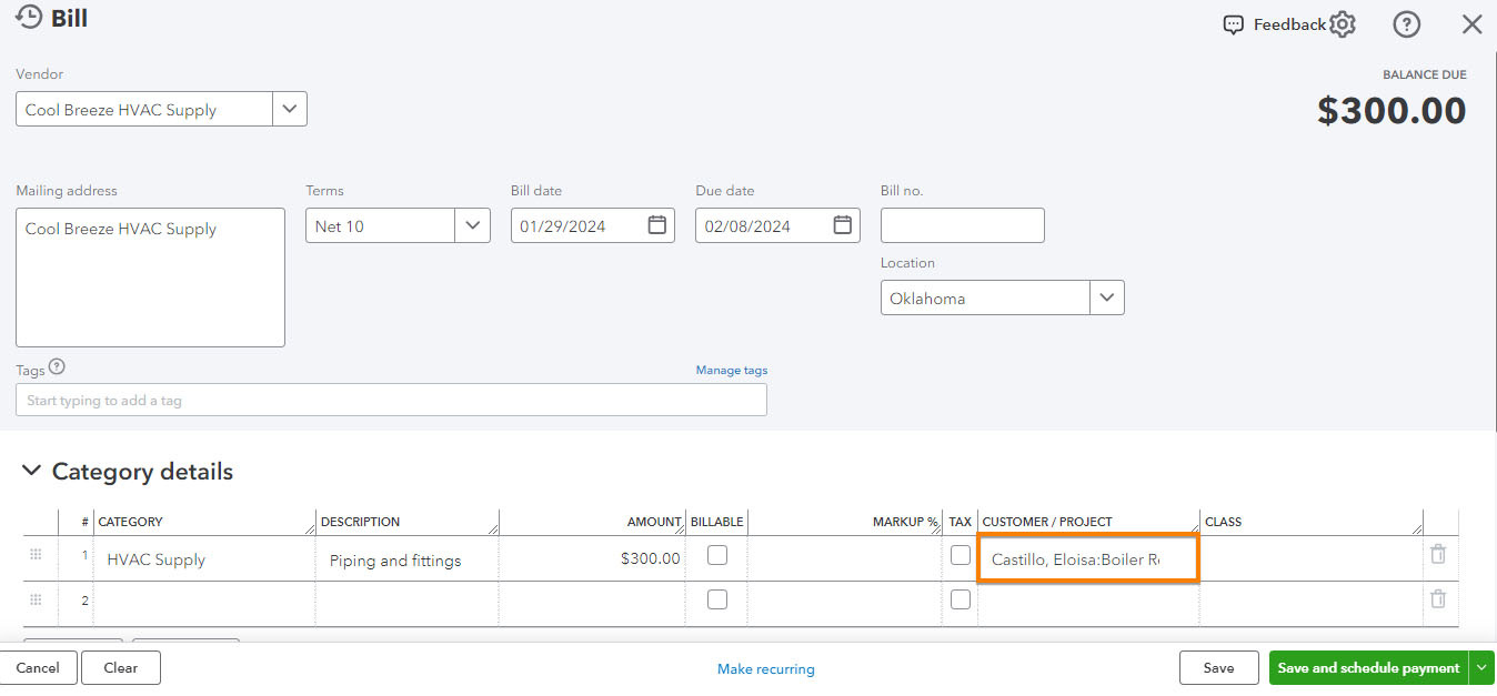 Screen where you can add an expense to a project in QuickBooks Online.