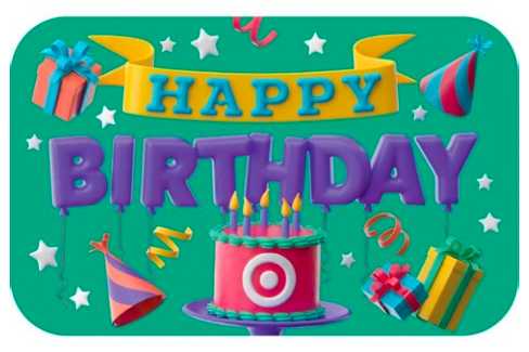 Target gift card with happy birthday text, birthday cake with target logo, party hats, and presents.