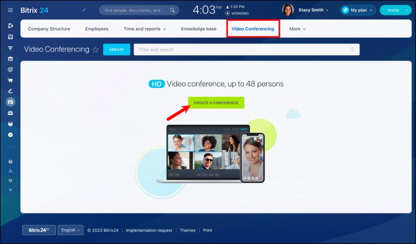 Bitrix24 interface with a red box highlighting "Video Conferencing" and a red arrow pointing to the "Create a Conference" button