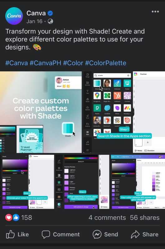 Image carousel by Canva on Facebook showing a tutorial on creating color palettes.