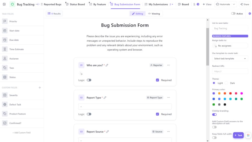 An example of a ClickUp bug report form template.