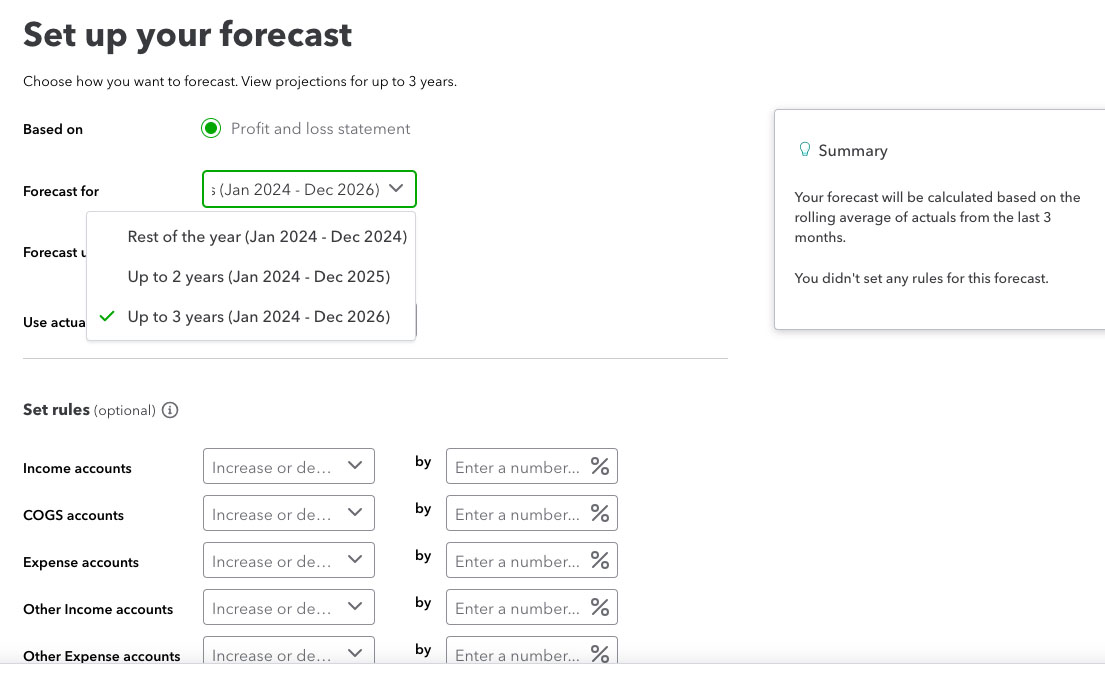 Screen where you can build a financial forecast in QuickBooks Online Advanced.