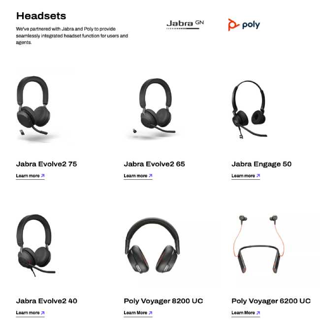 A page on Dialpad’s website showing rows of VoIP headset pictures, along with their product names.