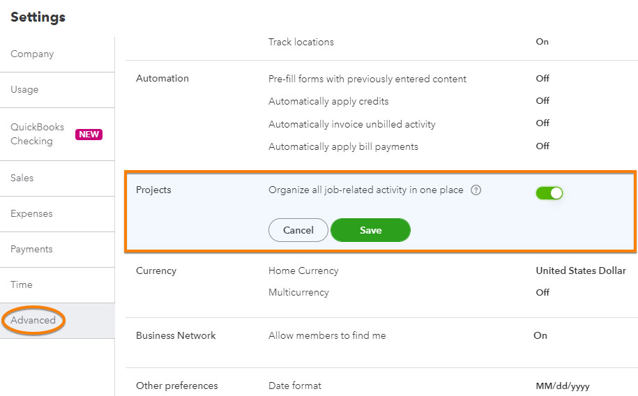 Account and setting page in QuickBooks showing where to turn on project tracking.
