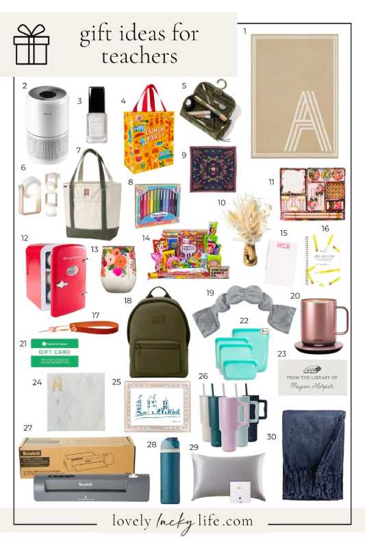 Gift Guide for teachers with bags, water bottles, blankets, and other run ideas shown as images.