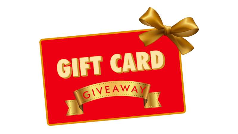 Red gift card with bow on a white background that reads "gift card giveaway"