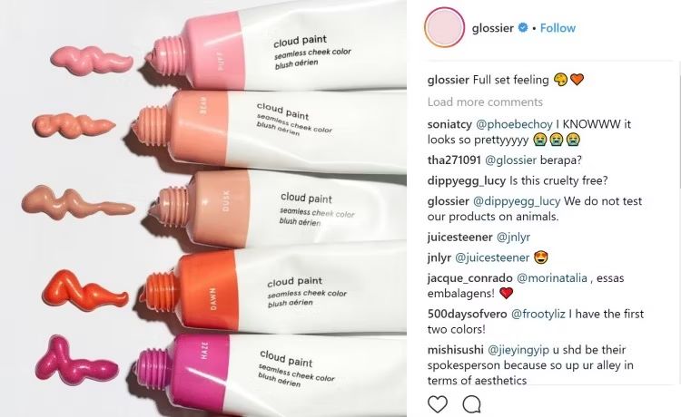 Glossier blush featured in an Instagram post with lots of comments.