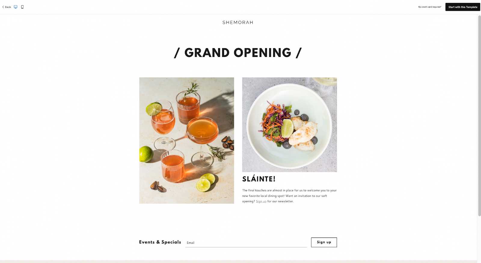 Website template for a restaurant grand opening by GoDaddy.