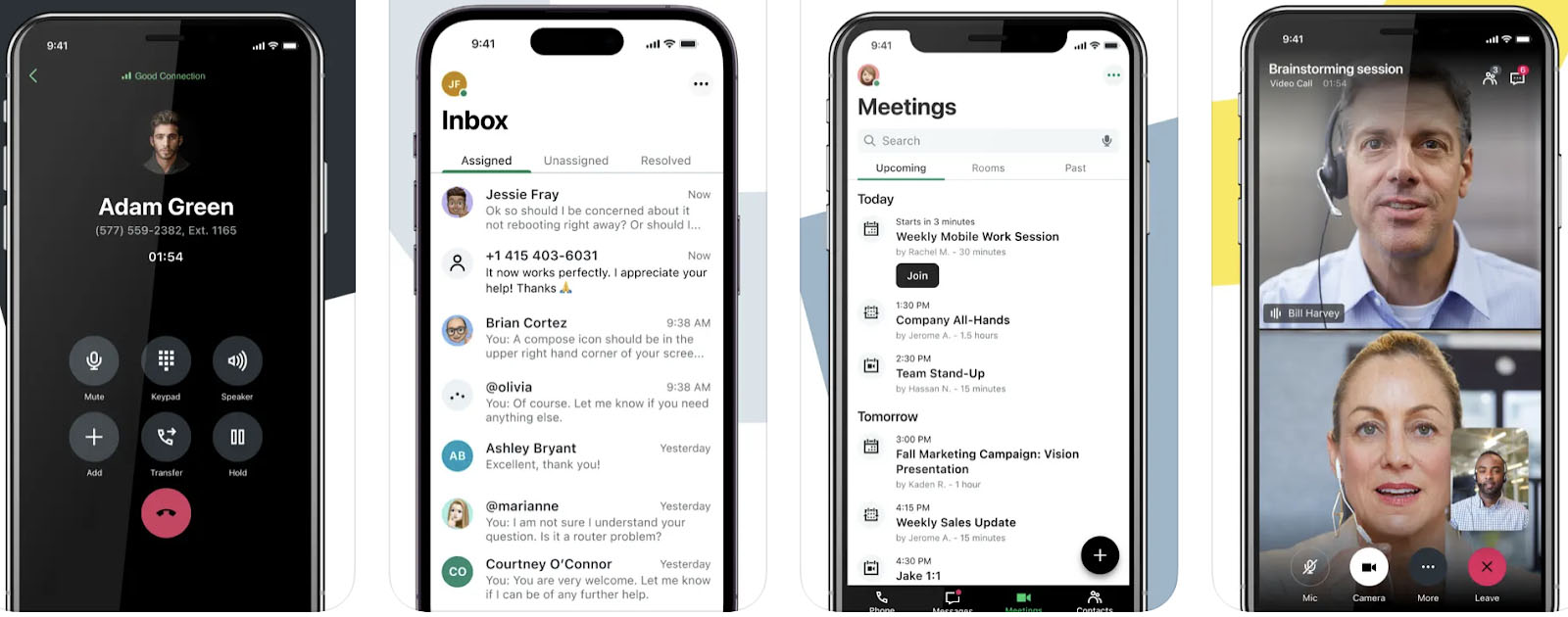Four screenshots of the GoTo Connect mobile app with inbox, meetings, and call screen.