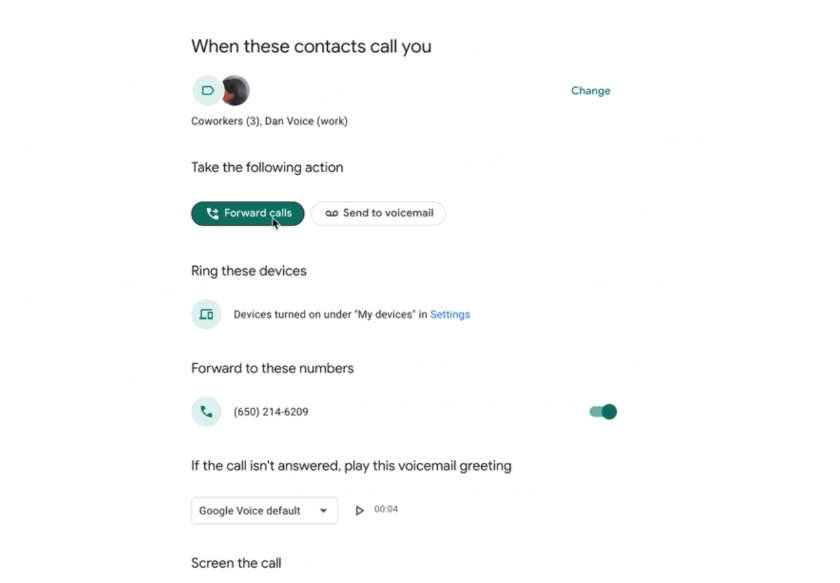Google Voice call forwarding settings