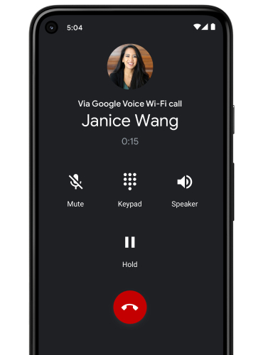 A smartphone screen showing an active call with "Janice Wang" via Google Voice WiFi call