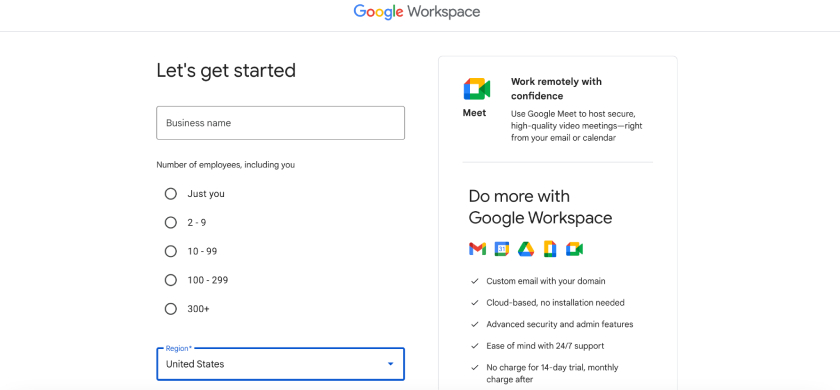 Google Workspace's sign up page