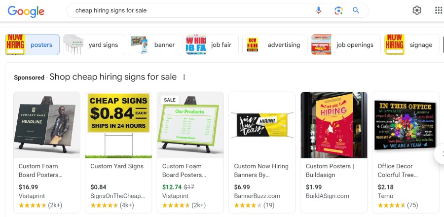 Google results for cheap hiring signs for sale