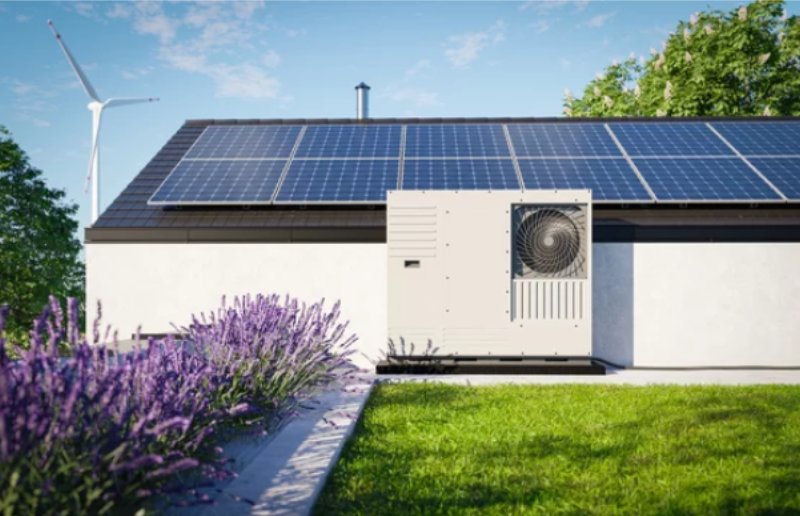 House with a heat pump with photovoltaic panels and a green landscape.