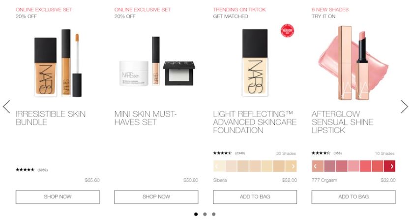 Nars Cosmetics website with product images, colors, pricing, and "Add to bag" buttons. Show less