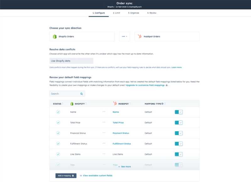 An example of HubSpot CRM's Shopify integration with order sync settings.