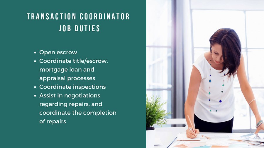 Job description of transaction coordinator and image of lady standing behind desk