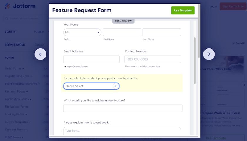An example of a request form preview from Jotform.