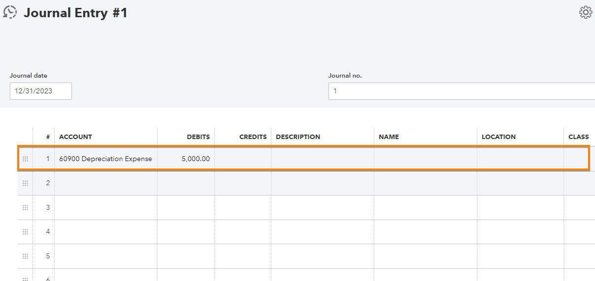 Journal entry form highlighting a debit entry in QuickBooks.