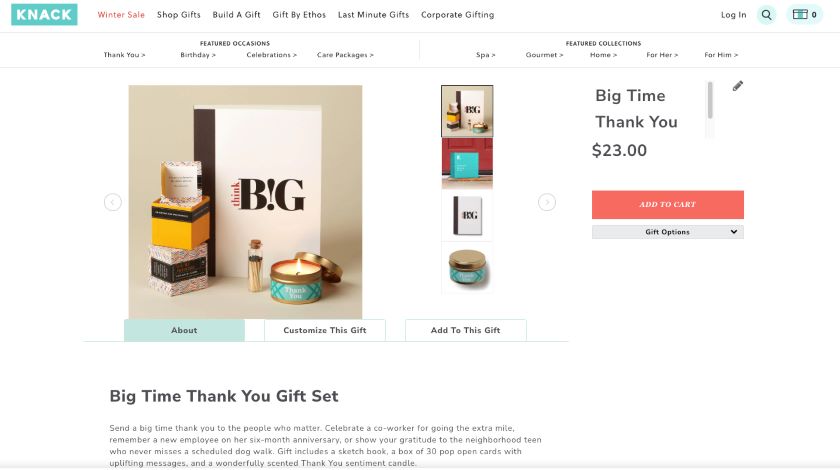 Knack brand's gift bundle product page with "Big Time Thank You" gift set