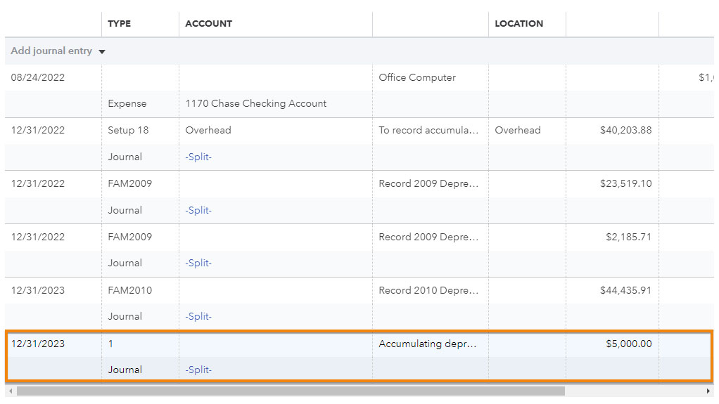 Locating a journal entry from the Transactions list in QuickBooks.