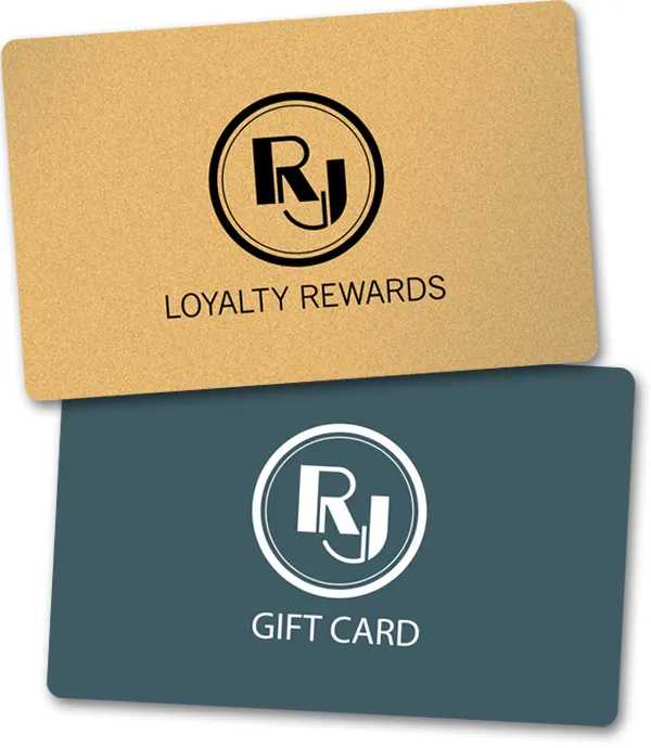 Loyalty rewards gift card paper envelope and teal gift card underneath.