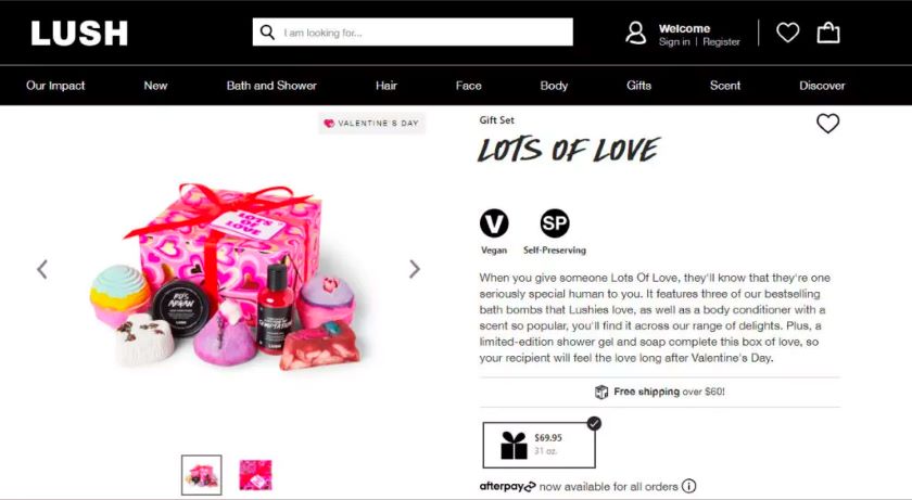 Lush product page for the LOts of Love Valentine's Day product bundle. 