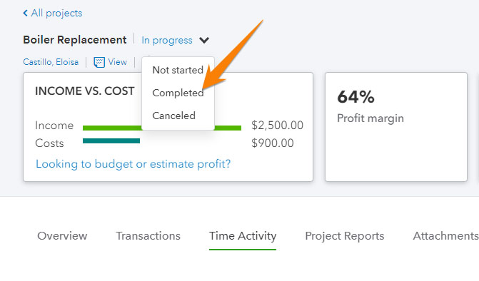 Screen showing how to update the status of a project in QuickBooks Online.