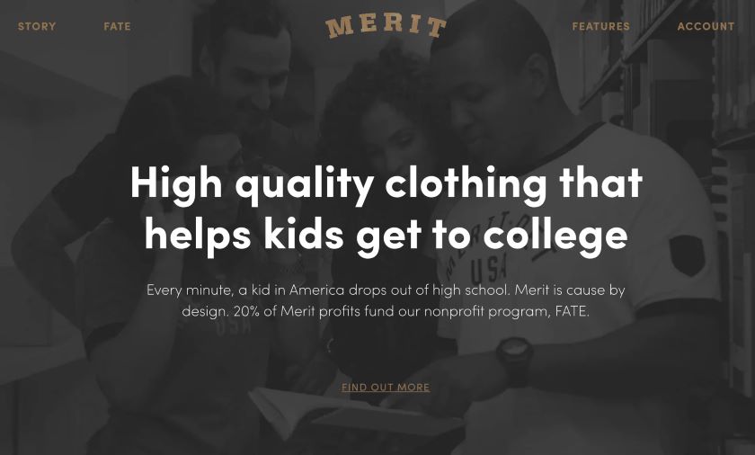 The Merit website with the text "High quality clothing that helps kids get to college" overlaid on a photo of three people looking at a book.