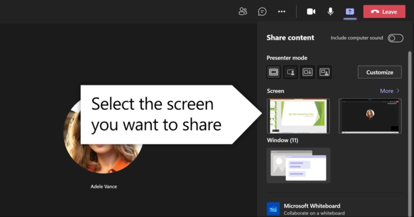 Microsoft Teams interface with content sharing options